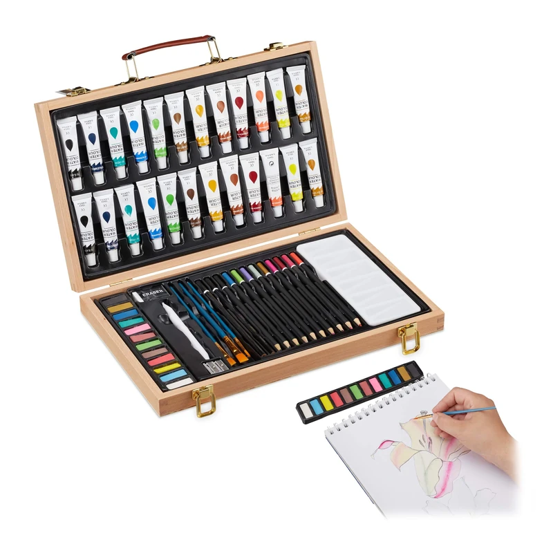 Relaxdays Art Set, 56-Piece Paint Wooden Box, Artist Set With Eraser, Colouring & Sketch Pencils, Aquarelle, Natural
