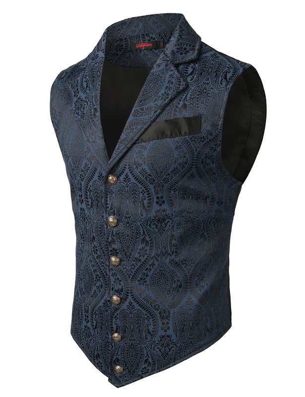 VATPAVE Mens Victorian Suit Vest Steampunk Gothic Waistcoat XL Navy