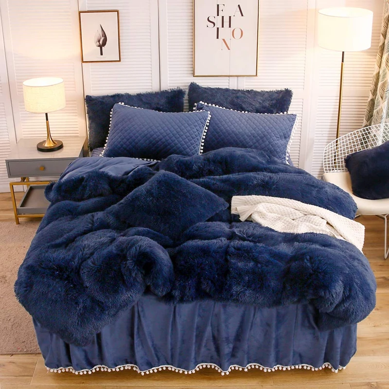 LIFEREVO Luxury Plush Shaggy Duvet Cover Set, Soft Velvet Fluffy Furry Duvet Cover Set(1 Faux Fur Fuzzy Comforter Cover + 2 Pom Poms Pillowcases) Solid Bedding Set, Zipper Closure(Full/Queen, Navy)