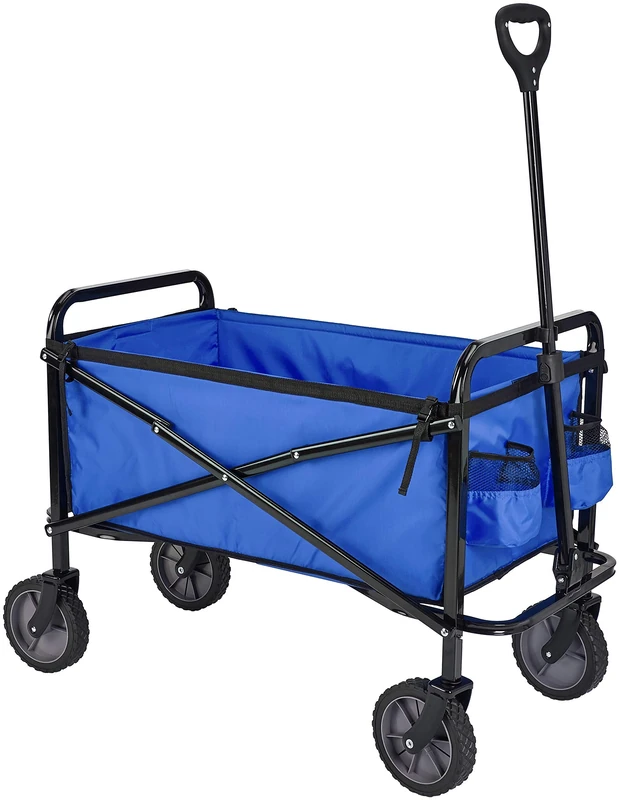 Amazon Basics Collapsible, Height Adjustable & Foldable Outdoor Garden Utility Wagon / Festival Camping Beach Trolley with Cover Bag, Blue