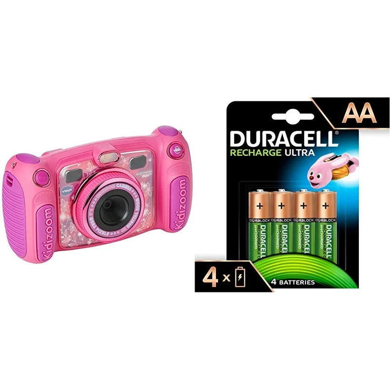 Vtech 507153 Kidizoom Duo 5.0 Camera, Pink, Duracell Recharge Ultra Type AA Batteries 2500 mAh, Pack of 4