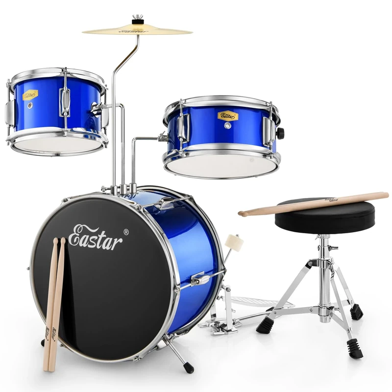 Kids Drum Kit Eastar 14 '' for Kids Beginners, Drum Set 3-Piece with Adjustable Throne, Cymbal, Pedal & 2 Pairs of Drumsticks, Junior Drum Set with Bass Tom Snare Drum, Mirror Blue
