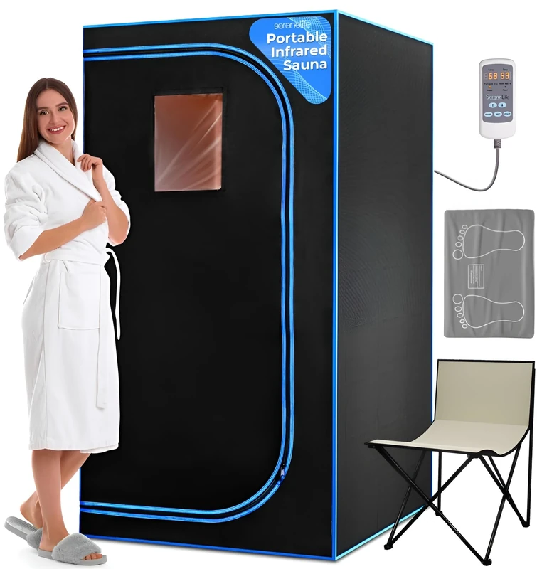 SereneLife Portable Infrared Sauna Tent, Full Size One Person Home Spa Box for Indoor Use, Includes Steam Sauna Tent/Pod, Heating Foot Pad & Folding Chair, Personal Relaxation Steam Room