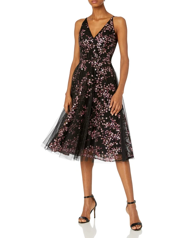 Dress the Population Women's Courtney Sleeveless Veiled Fit & Flare Midi Dress, Fuchsia Multi, X-Small