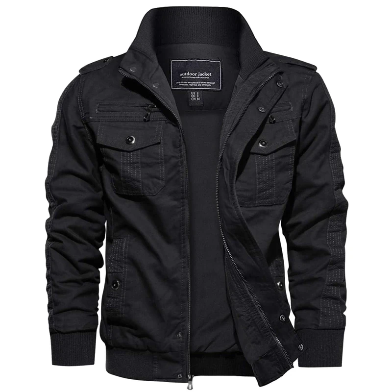 EKLENTSON Cargo Jacket for Men Cotton Windbreaker Jacket Fishing Cycling Spring Autumn Warm Coat,Black,3XL