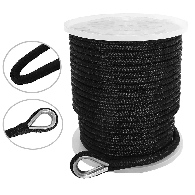 NovelBee 3/8 Inch X 300 Feet Double Braid Nylon Anchor Line with Stainless Steel Thimble and Plastic Chuck (Black)