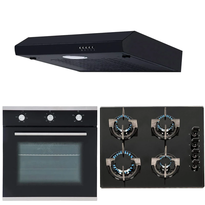 SIA 60cm Black Electric Single Fan Oven, 4 Burner Gas Hob And Visor Cooker Hood