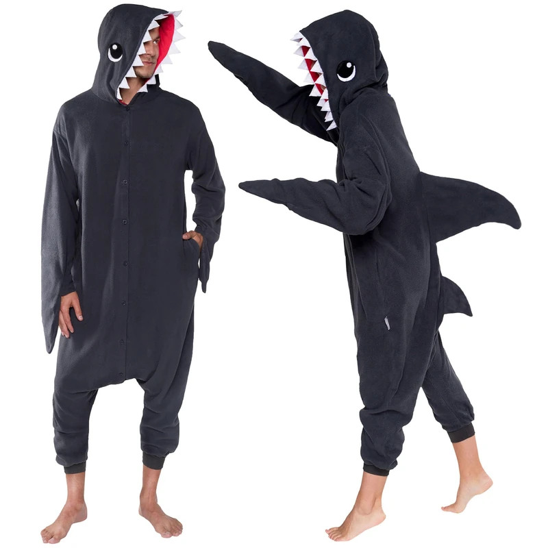 Funziez! Adult Onesie Halloween Costume - Animal and Sea Creature - Plush One Piece Cosplay Suit for Adults, Men and Women, Grey Shark, XXL