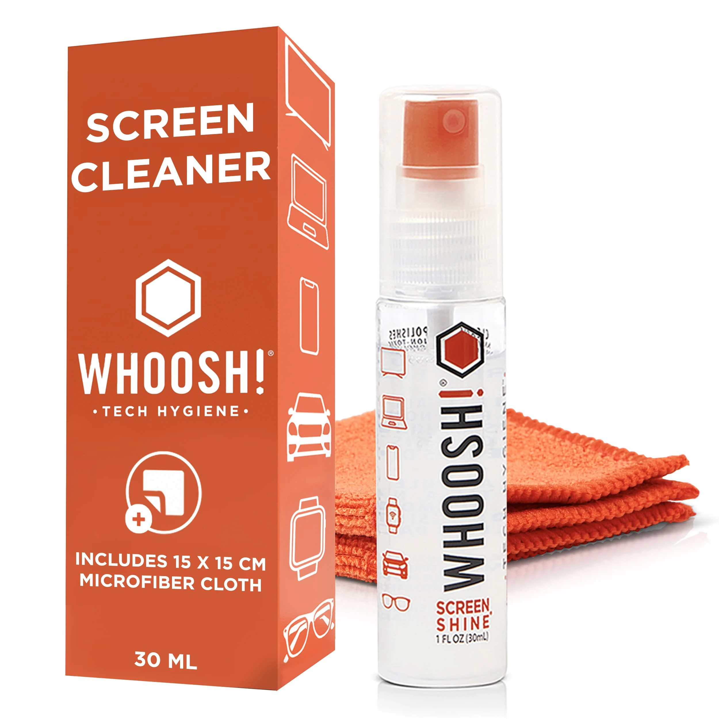 WHOOSH! Screen Shine Go MacBook Screen Cleaner - 30 mL Pocket-Sized, Travel Approved Bottle with Microfiber Cloth - Powerful, Streak-Free Cleaning for Car Screens, Laptop, Glasses, Phone Cleaning Kit