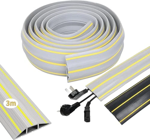 Floor Cable Cover, 10 Ft (3 M) Floor Cord Cable Protector with 3 Cord Channels and Fastening Wire Organizer—Flexible Cuttable Wire Hider Kit Ideal for Office, Home, Workshop, Warehouse, Garage (Grey)