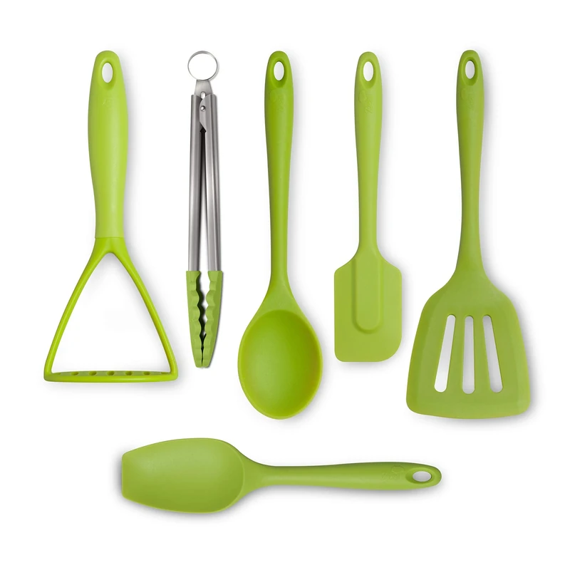 Zeal JSET46L Non-Stick Silicone Turner, Tongs, Masher, Spatula Cooks Spoon 6-Piece Set-Lime