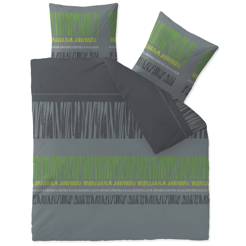 CelinaTex Touchme Flannelette Bed Linen 200 x 220 cm 3-Piece Cotton Duvet Cover Set, Bedding Set for Summer and Winter, All Year Round, Easy Care, Anni Grey Black Green - Image 1