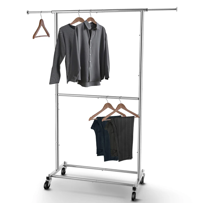 Simple, Fashion, Double Clothes Rail, Wheeled Organizer for Hanging Clothes, Chrome