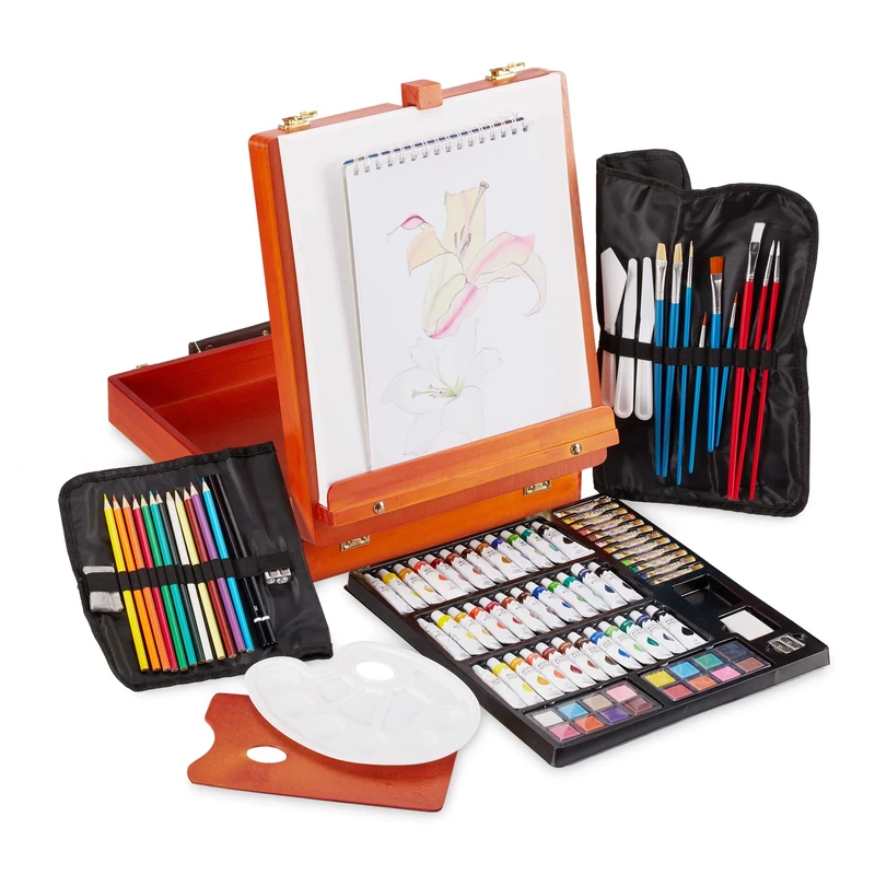 Relaxdays Paint Case, XL Painting Set, Foldable Table Easel, Acrylic Paint Set, Oil & More, Wooden Case, Orange, wood, material, acrylic, 10026744_469