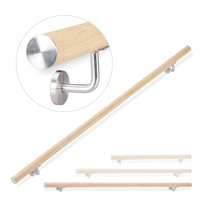 Relaxdays Aluminium Handrail, Round, In- & Outdoor Use, Beech Look, Bannister, 200 cm, Ø 42mm, With Brackets