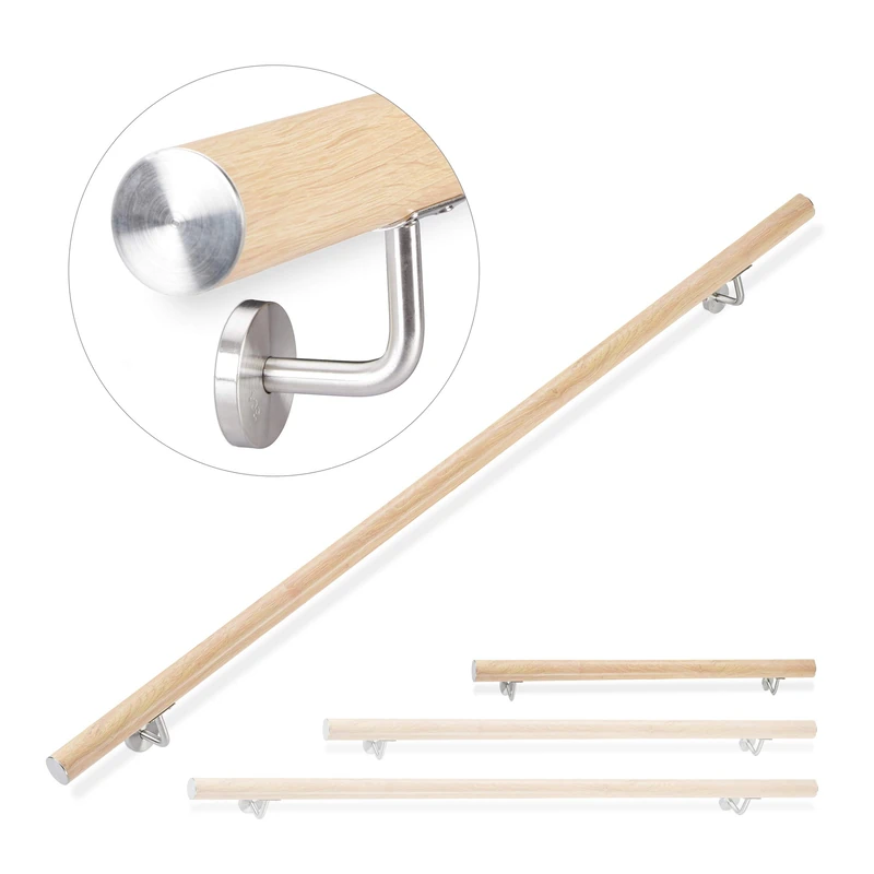 Relaxdays Aluminium Handrail, Round, In- & Outdoor Use, Beech Look, Bannister, 100 cm, Ø 42mm, With Brackets