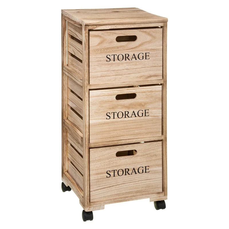 5five Wooden Storage Cabinet with 3 Drawers on Wheels, Height 82 cm, Tower Style Crate for Living Room, Office, Kitchen, Entrance, Bedroom