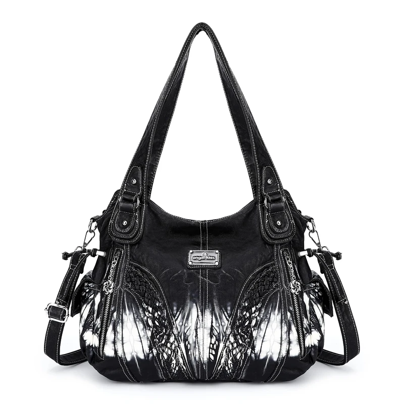 Purses and Handbags Women Fashion Tote Bag Shoulder Bags Top Handle Satchel Purses Washed Synthetic Leather Handbag, 2-tie-dyed Black, 13.8 * 4.7 * 11.8 inches