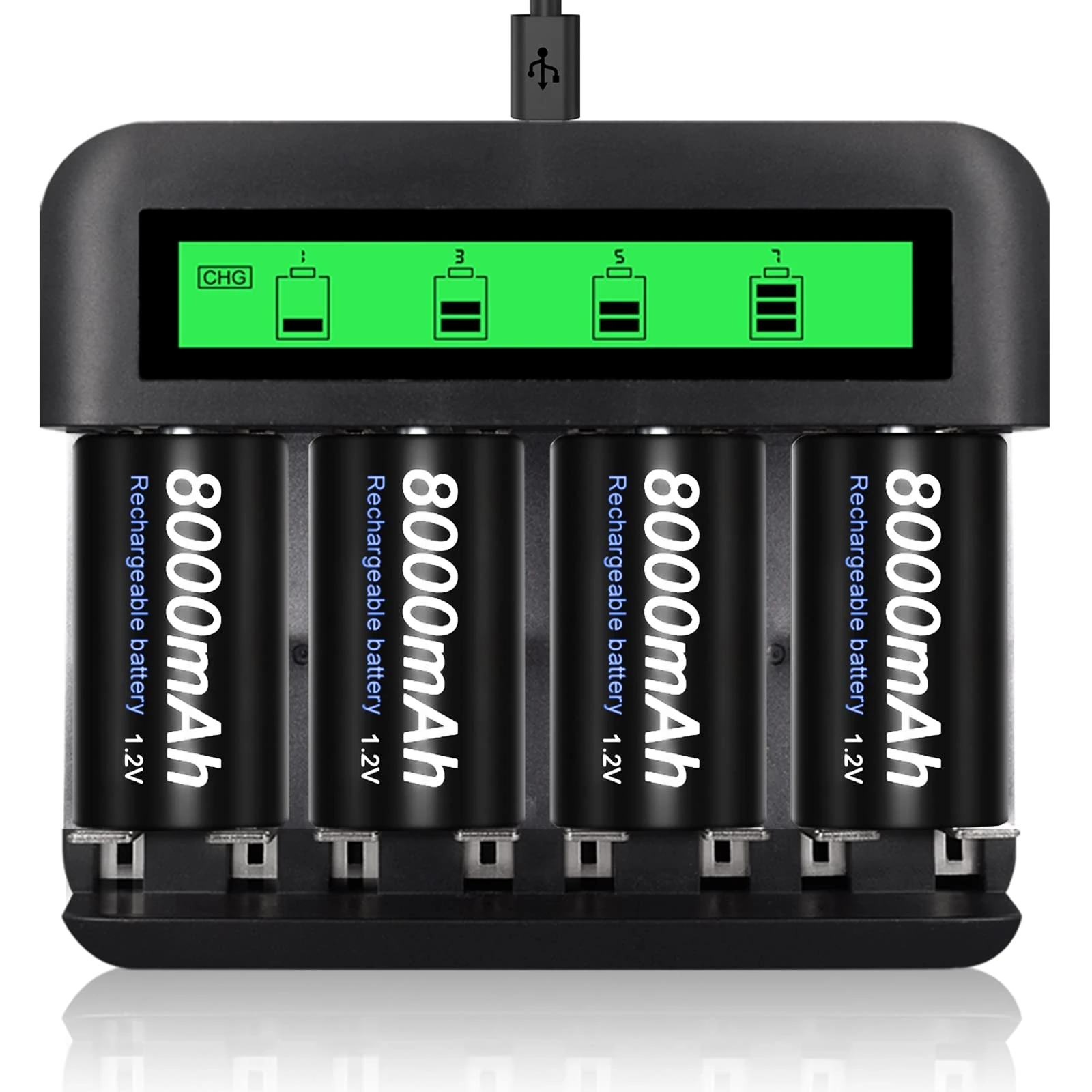 CITYORK 4-Pack D Cell 8000mAh Ni-Mh Rechargeable Batteries with 8 Slot AA/AAA/C/D Ni-MH Battery Charger