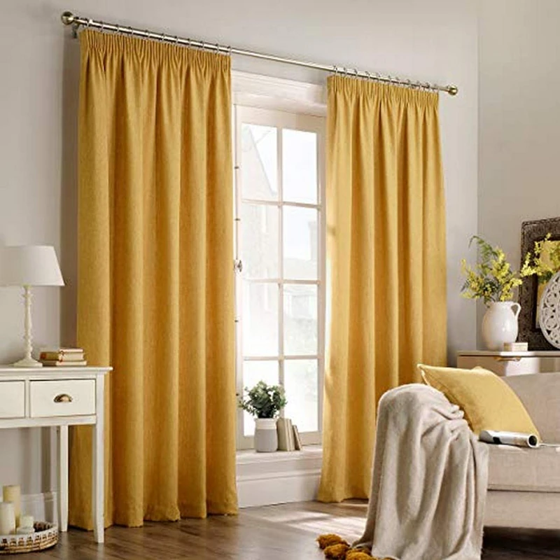 Furn Harrison Ringtop Eyelet Curtains (Pair) -Ready Made-Polyester-Ochre-168cm x 137cm, Polyester, Ochre Yellow, 168 x 137cm (66" x 54" inches) - Image 1