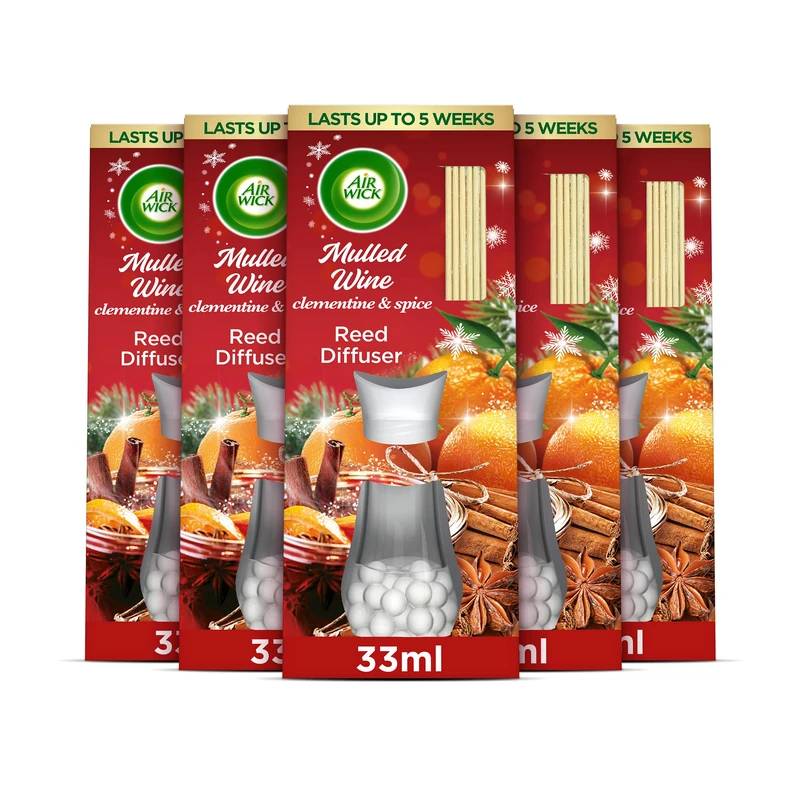 Air Wick Essential Oils Reed Diffuser Air Freshener Mulled Wine Scent, 5 Bottles X 30 ml