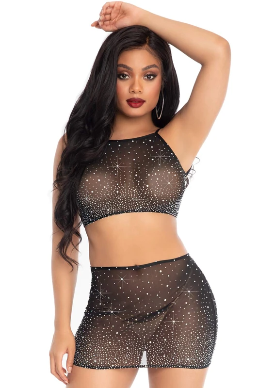 Leg Avenue Spandex Sheer Crop Top and Skirt, S (UK 6-8), Black, 150 g - Image 1