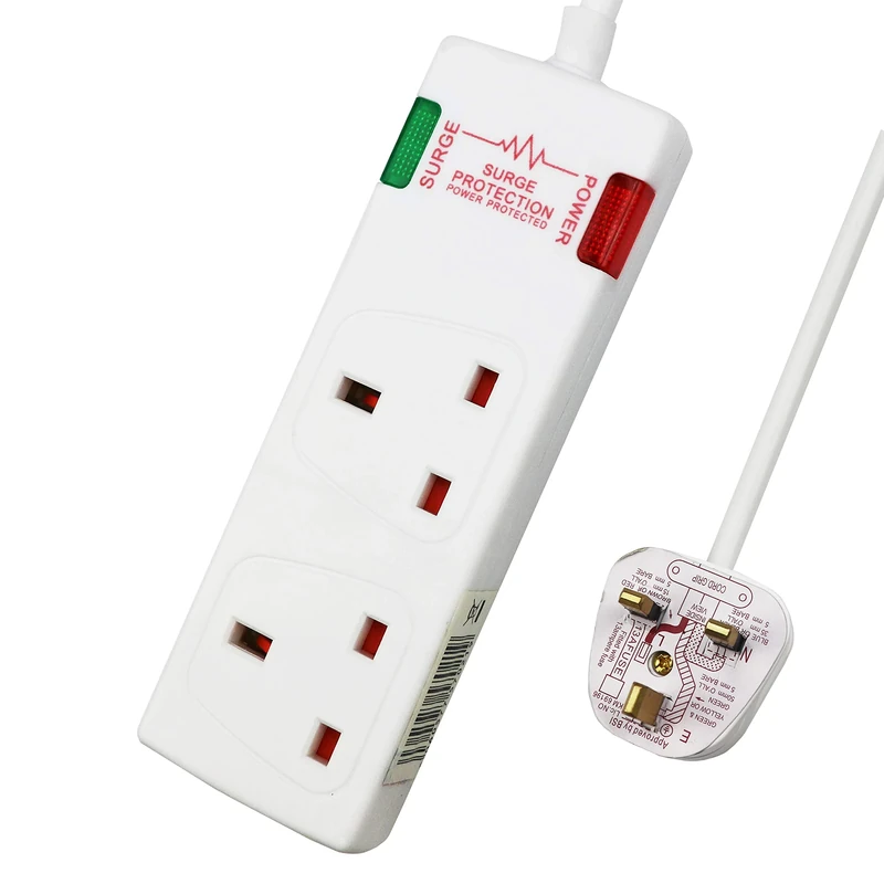 ExtraStar 2 Way Double Socket Power Mains Extension Lead 1.8M Metre Cable - Surge Protected British Approved 13A - White