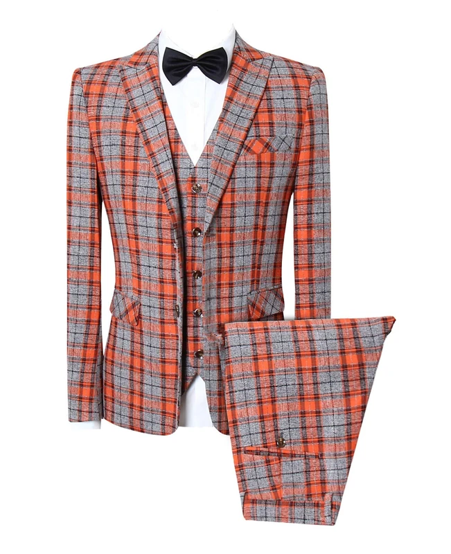 MOGU Mens 3 Piece Suit Slim Fit Plaid Blazer Vest and Pants Set for Wedding Prom Business, Sunset Chevron Orange/Evening Red, 42