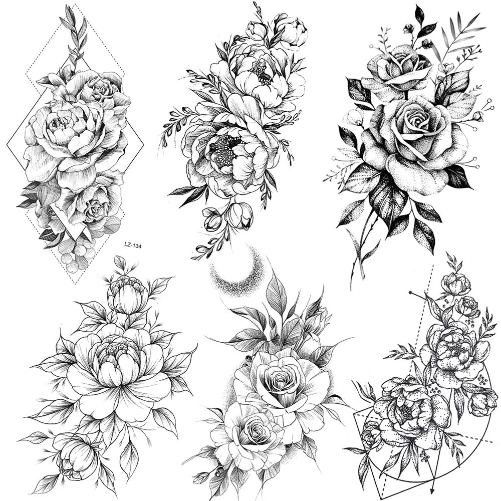 COKTAK 6 Pieces/Lot Realistic Large Black Rose Flower Temporary Tattoos For Women Body Art Arm Legs Big Peony Geometric Tattoo Stickers Adults Fake Waterproof Tatoo Sketch Sexy Girl Peach Lily