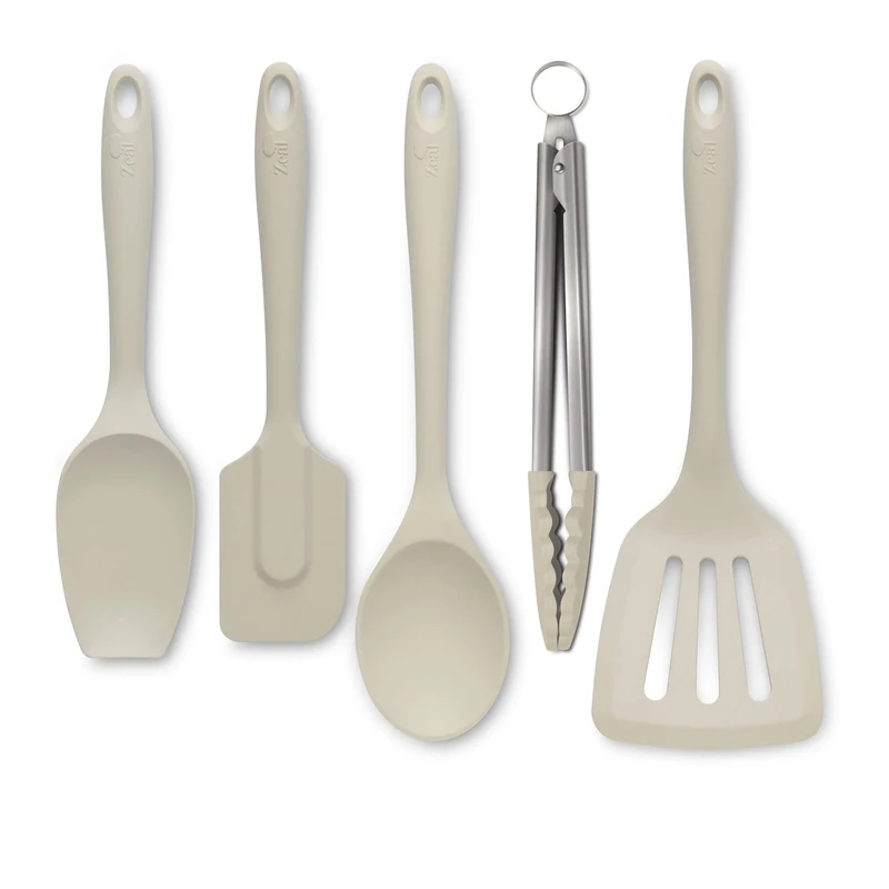 Zeal JSET45C Non-Stick Silicone Cooking Tongs, Turner, Spatula Spoon & Cook Spoon 5-Piece Set-Cream