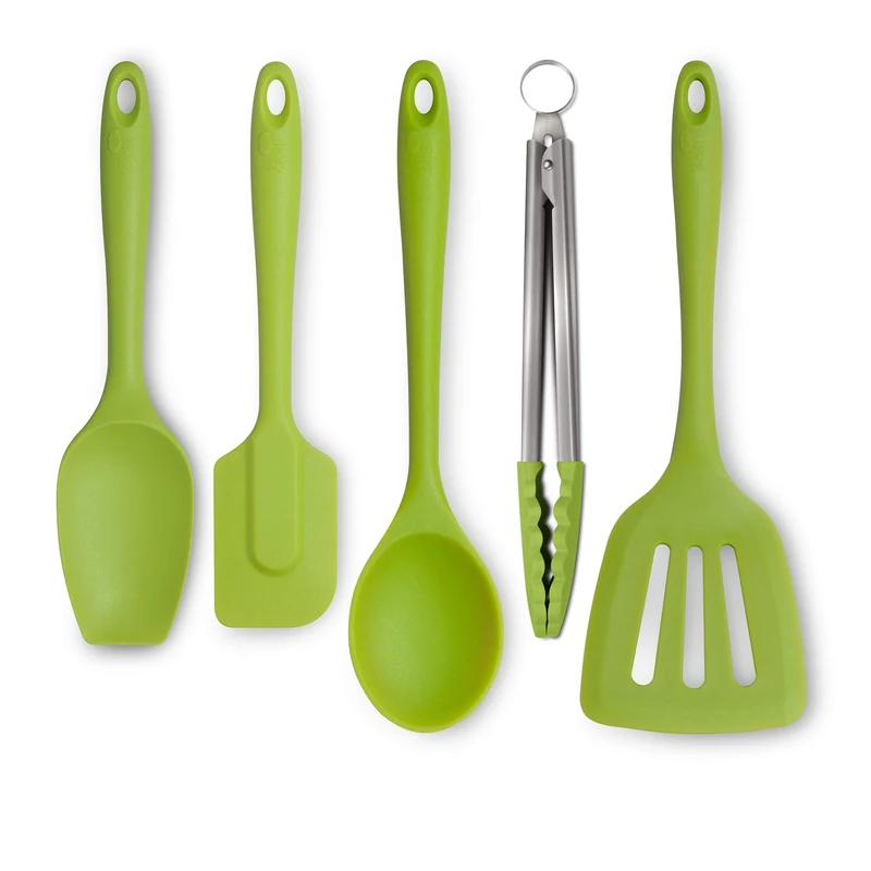 Zeal JSET45L Non-Stick Silicone Tongs, Turner, Spatula Cook Spoon 5-Piece Set-Lime