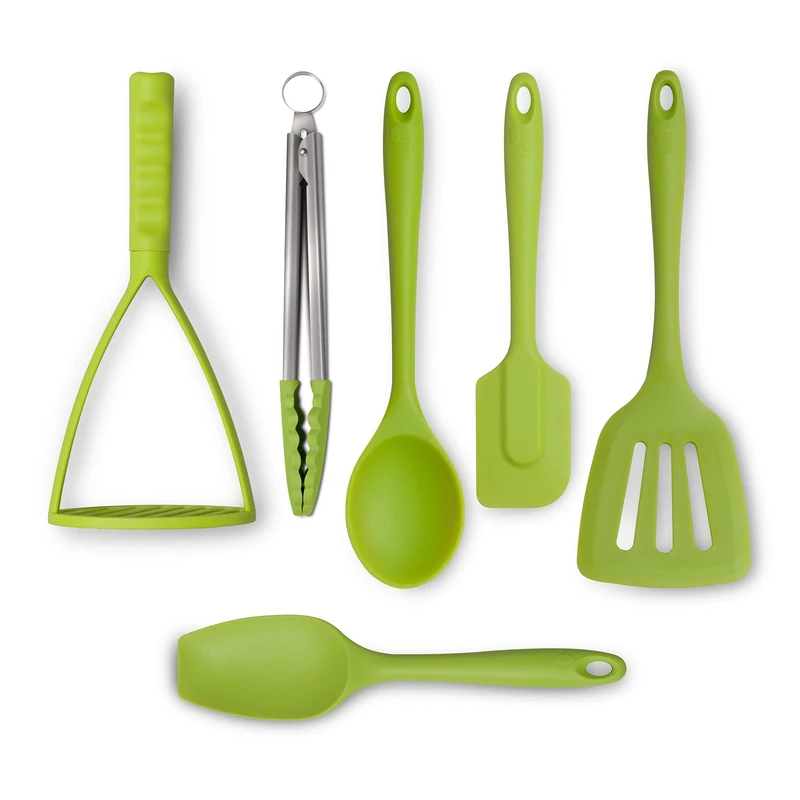 Zeal JSET47L Non-Stick Silicone Tongs, Turner, Cooks Spoon, Spatula & Masher 6-Piece Set-Lime