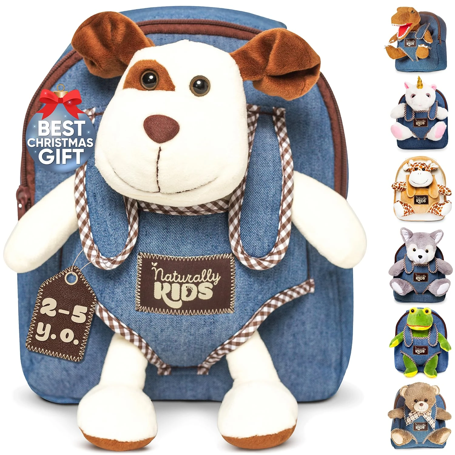Naturally KIDS Toddler Backpack w Stuffed Animal Dog Plush Toy for Girls Boys, Birthday Gifts for 3-5 Year Old