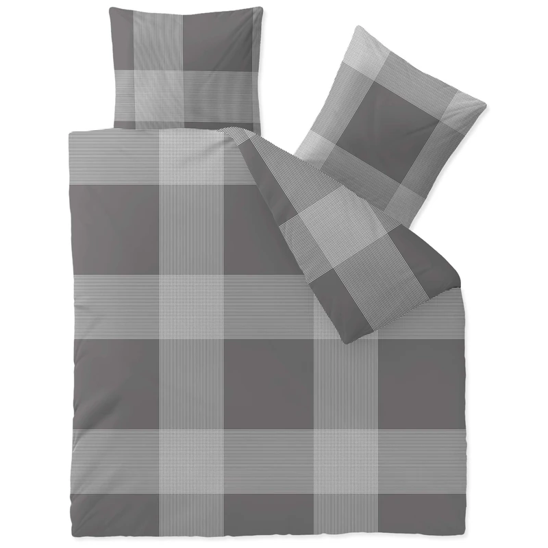 CelinaTex Touchme Flannelette Bed Linen 200 x 220 cm 3-Piece Cotton Duvet Cover Set, Bedding Set for Summer and Winter, All Year Round, Easy Care, Stine Checked Grey Anthracite