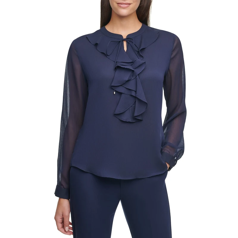 Tommy Hilfiger Women's Long Sleeve Ruffle V-Neck Blouse, Midnight, M