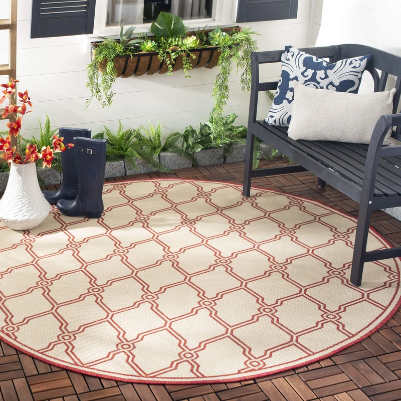 Safavieh Trellis Indoor/Outdoor Woven Round Area Rug, Beachhouse Collection, BHS124, in Red / Creme, 201 X 201 cm for Garden, Patio or Any Outdoor Space - Image 1