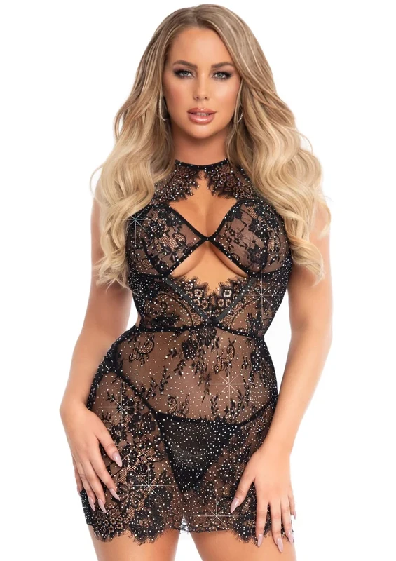 Leg Avenue Lace Halter Dress and String, X-Large (UK 16-18), Black, 160 g