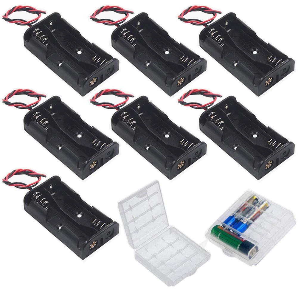GTIWUNG (Pack of 7) 2 AA Battery Holder,Battery Storage Box, Battery Holder Case Box with Wire, Black Plastic Batteries Case with Pin, 2 X 1.5V 3V AA Battery Holder with Leads (2 Solts)