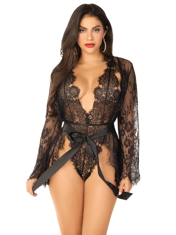 Leg Avenue Floral Lace Teddy and Robe, M (UK 10-12), Royal Blue, 150 g