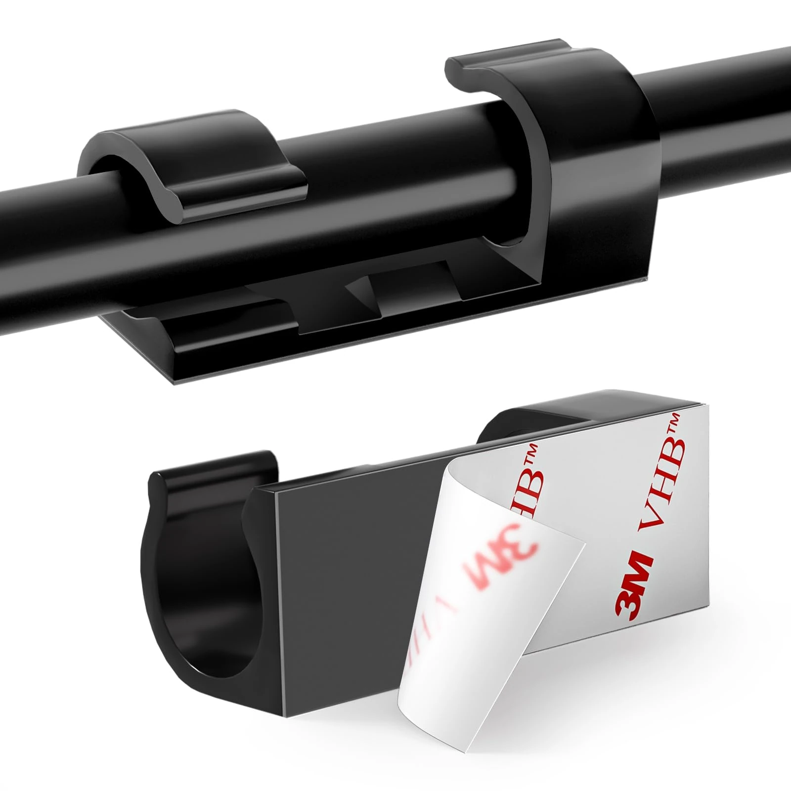 60PCS Black Cable Clips, RYCHUI Strong Self-Adhesive Cable Drop Wire Holder, Durable Mount-Round Plastic Cord Management Organiser Clamps for Home and Office (Black)