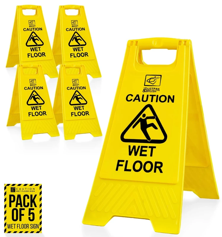 Pack of 5 Wet Floor Sign With “Caution Wet Floor” Imprint on Bright Yellow Portable and Durable A-Frame Safety Cone (5)