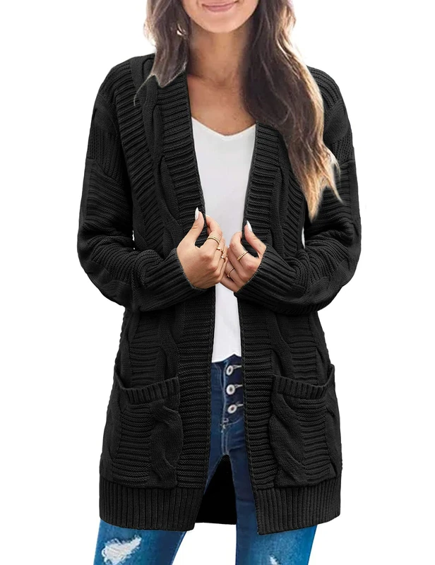 MEROKEETY Women's 2025 Long Sleeve Cable Knit Cardigan Sweaters Open Front Fall Outerwear Coat Pockets, Black, XL