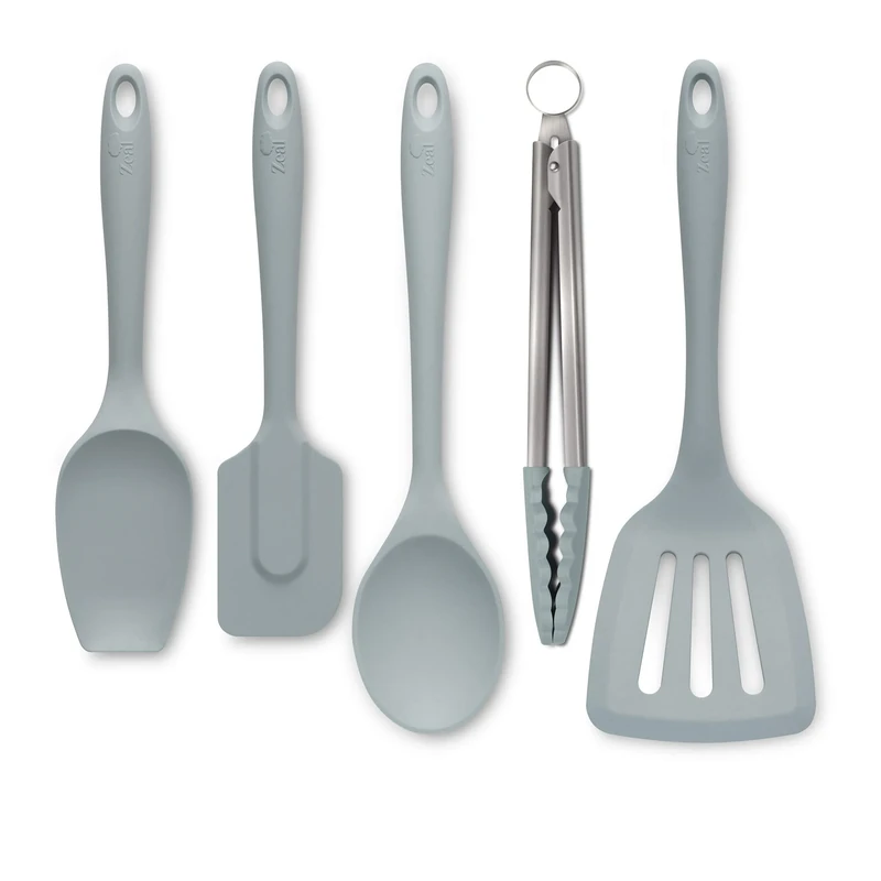 Zeal JSET45B Non-Stick Silicone Cooking Tongs, Turner, Spatula Spoon & Cook Spoon 5-Piece Set-Duck Egg Blue