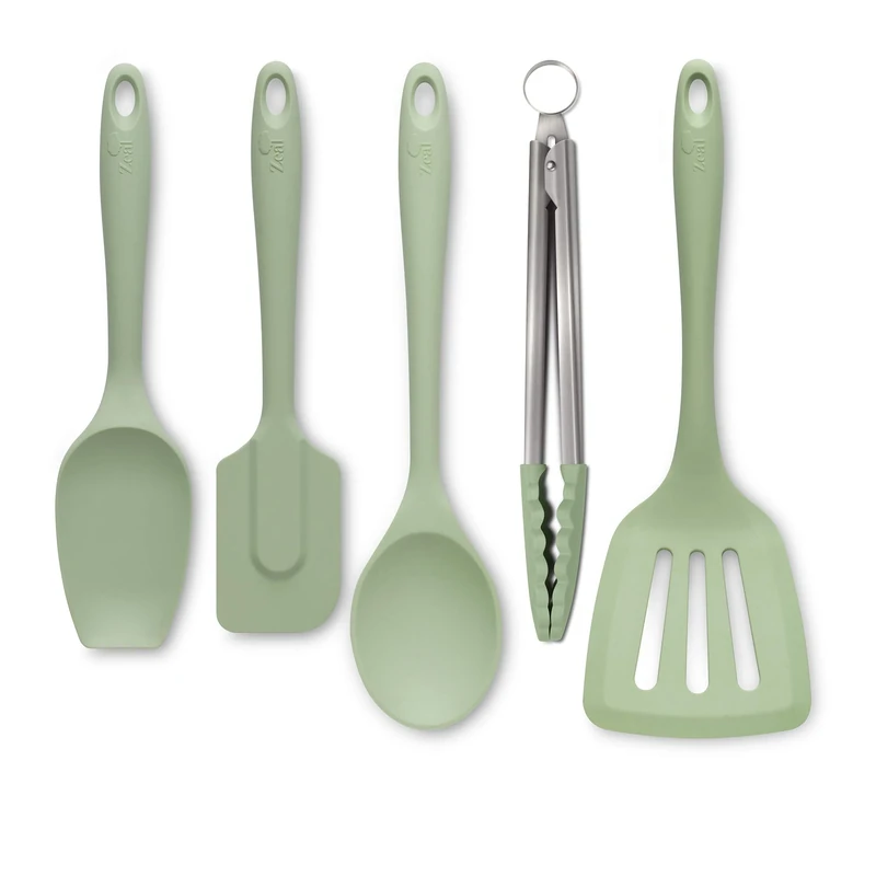 Zeal JSET45G Non-Stick Silicone Cooking Tongs, Turner, Spatula Spoon & Cook Spoon 5-Piece Set-Sage Green