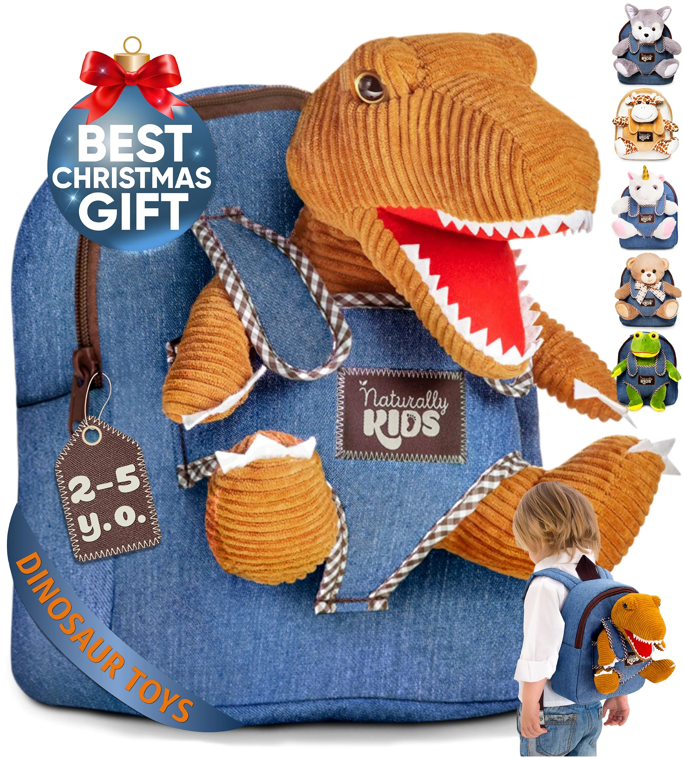 Naturally KIDS Dinosaur Backpack, Dinosaur Toys for Boys, 3 Year Old Boy Gifts, Toddler Backpack