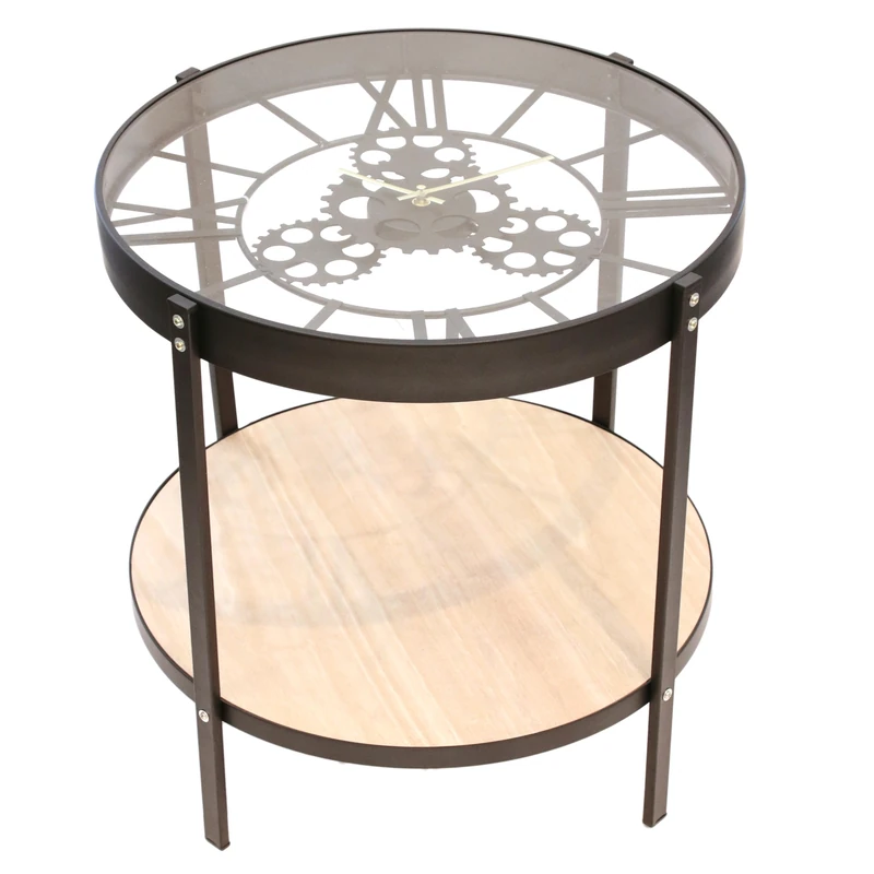 HOME DECO FACTORY HD6447 Coffee Table with Clock, Iron, Black, Transparent, 50 x 50.5 x 51 cm