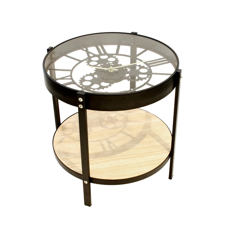 Home Deco Factory HD6446 Coffee Table Round Clock Black Beige and Transparent Metal Wood and Glass Small Model D40.5 x H39 cm