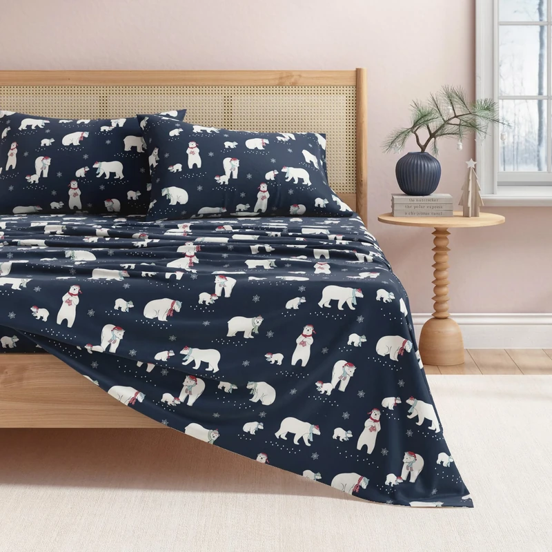 Great Bay Home 100% Turkish Cotton Flannel Sheet Set Deep Pockets Soft Bed Sheets Warm Anti Pilling Flannel Sheets (King, Navy Polar Bears)