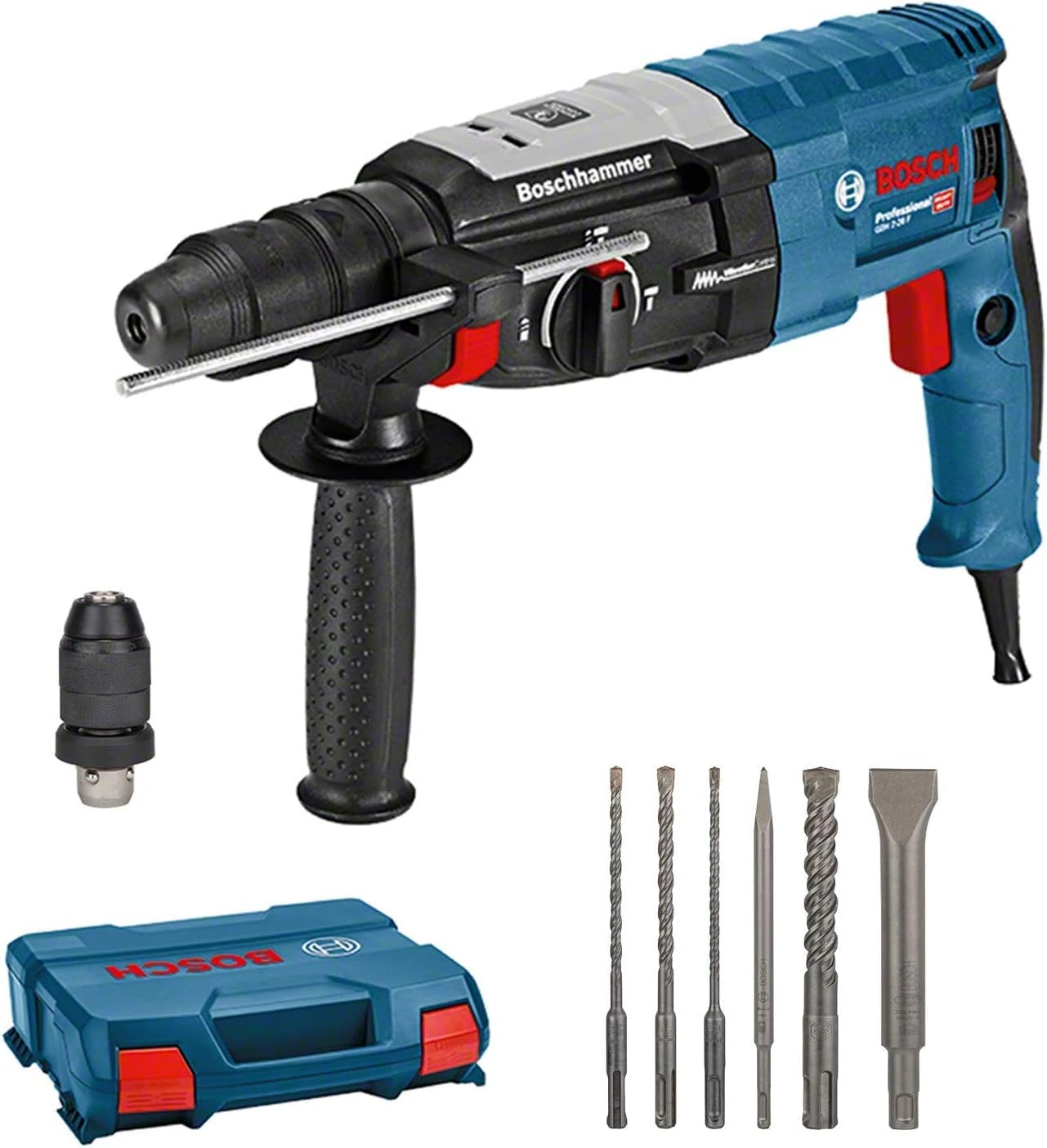 Bosch Professional GBH 2-28 F rotary hammer (880 W, max. drilling diameter in concrete: 28 mm, incl. 6-piece drill chisel set, SDS plus, in L-Case) - Amazon Exclusive Set