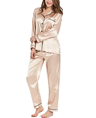 SWOMOG Satin Pyjamas Women Pyjamas Set Long Sleeve Button-Down Sleepwear Soft Silk Pjs Champagne